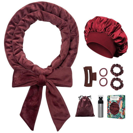 No Heat Overnight Hair Curlers - 70" Soft Ribbon Curl Wrap with 9 Curling Rods, Headband for Long Hair Rollers - Burgundy