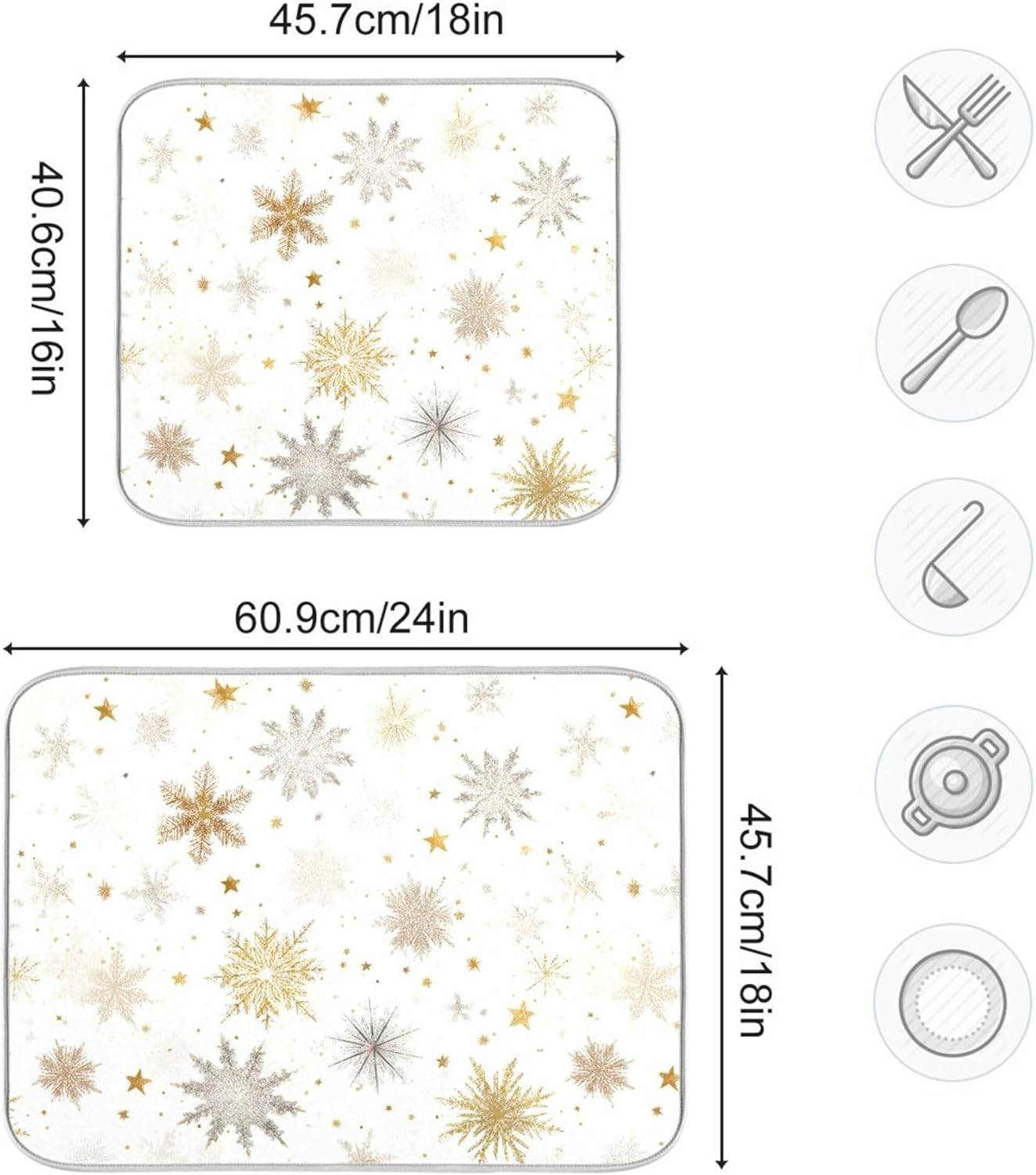 Winter Snowflake White Dish Drying Mat for Kitchen Countertop 18x24 Christmas Snow Golden Xmas Large Drying Mat Reusable Quick Dry Dish Sink Mats Easy Clean Decorative Essentials