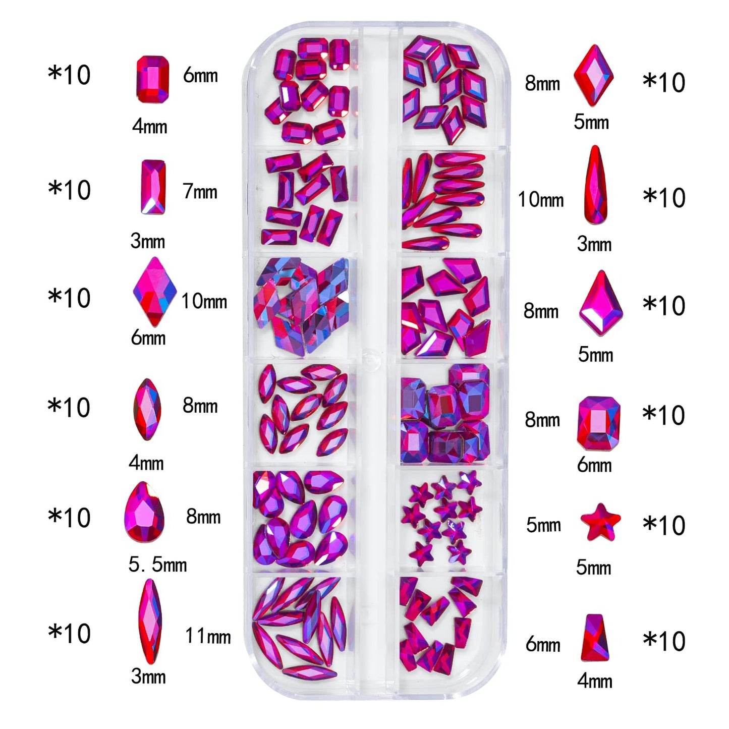 HNUIX Nail Rhinestones - 3D Multi Shape Size, Crystal AB Red Nail Gems, Flat Back, with Kit, for Nail Art, DIY Decorations