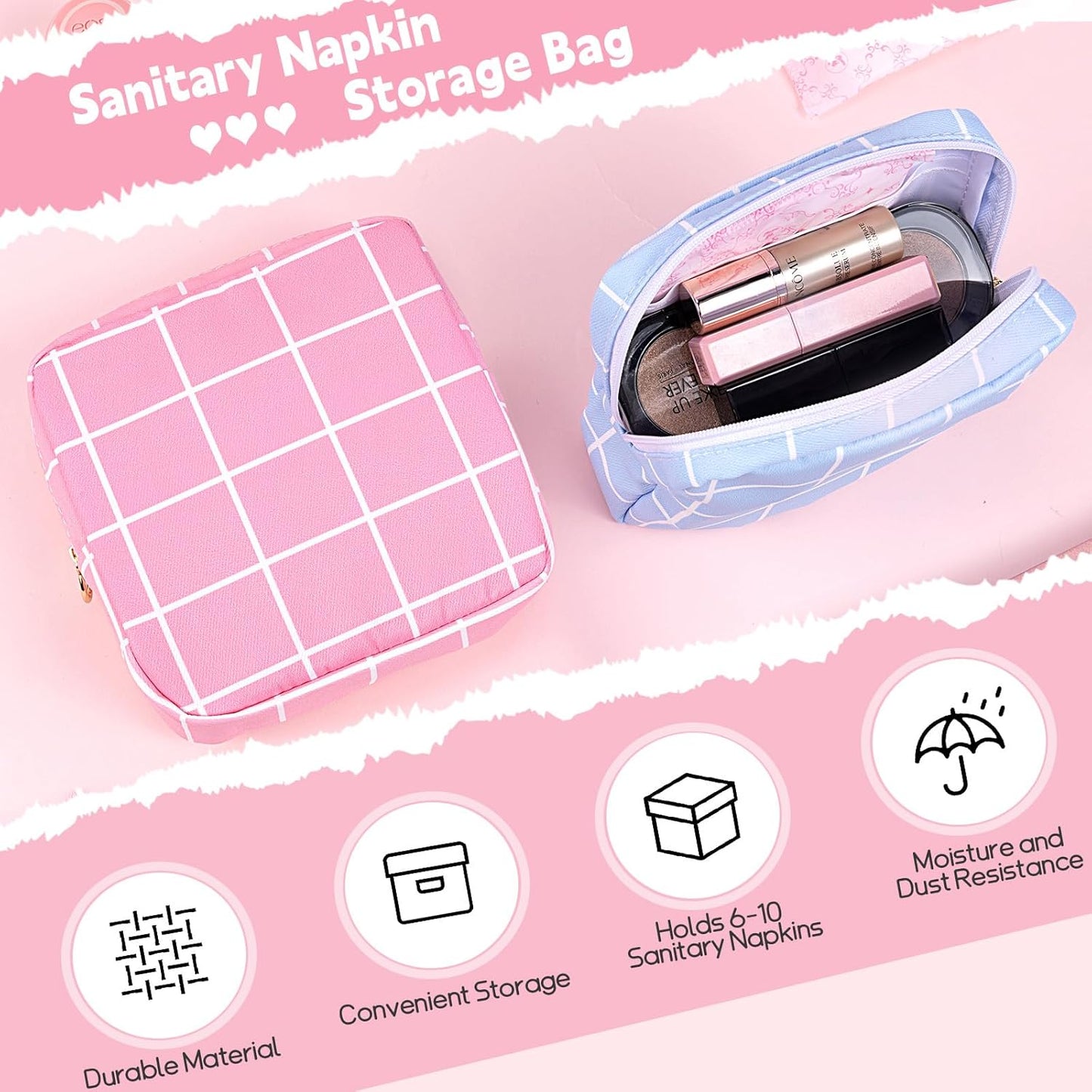Desing Wish Period Bag Pouch Soft Cloth Sanitary Napkin Storage Bag Portable Menstrual Pad Pouches Tampon Holder for Purse First Period Kit for Girls 9-12 (Sky Blue Plaid)