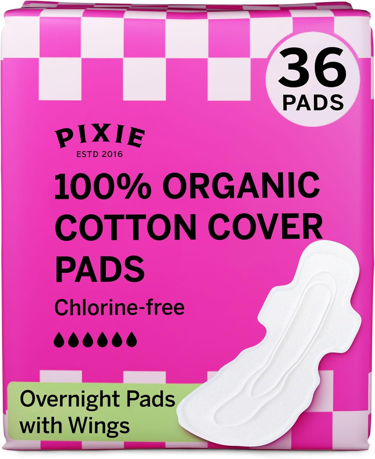 Pixie Organic Cotton Overnight Pads for Women - Extra Heavy Absorbency with Wings - Leak-Proof, Hypoallergenic & Unscented - Compostable, Biodegradable - 36 Count