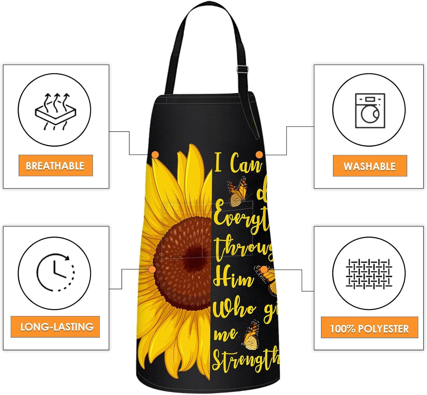 2 Pack Aprons, Sunflower Butterfly Adjustable Bib Aprons with 2 Pockets for Women Men Couple Lovers Chef Home Kitchen Cooking Baking Gardening Black Yellow Apron 32x28 Inches