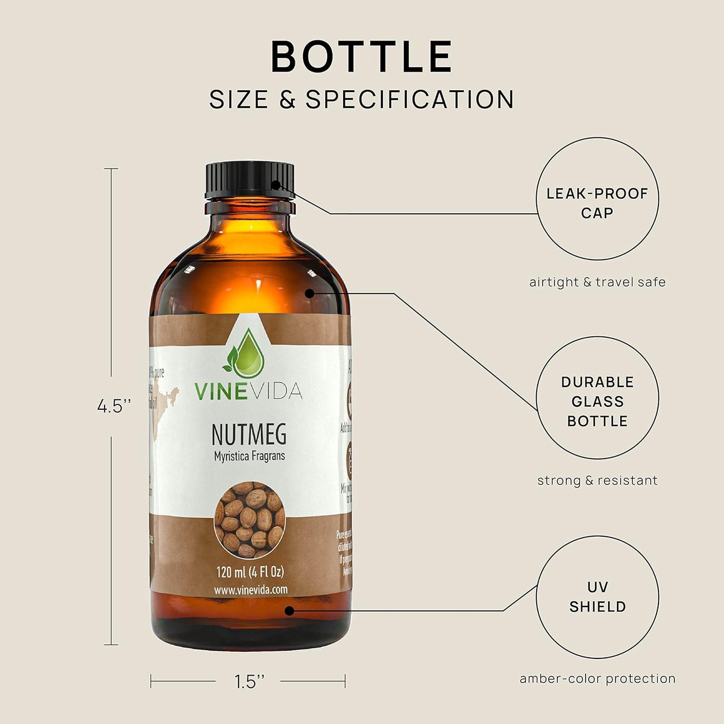 VINEVIDA Nutmeg Essential Oil 4 oz - Pure, Undiluted Nutmeg Oil for DIY Candle Scents - Safe for Skin