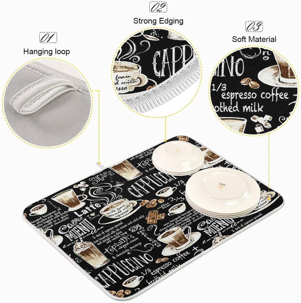 Coffee Black Dish Drying Mat for Kitchen Coffee Beans Maker Cappuccino Latte Chocolate Microfiber Drying Mats Absorbent Reversible Dish Pad Medium Dish Draining Mat 16x18 inch