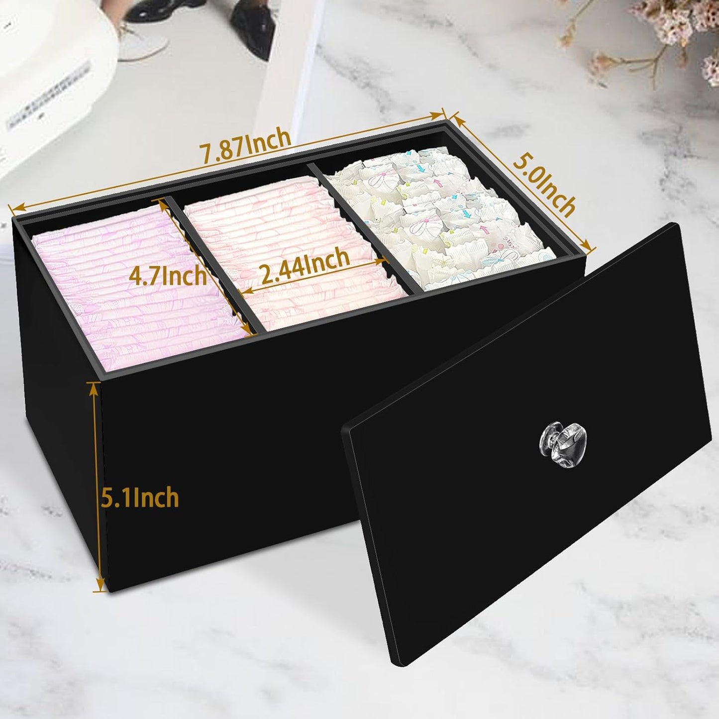 Tampon Box for Bathroom, Tampons and Pads Storage Holder, Women Period Organizer Container, Black