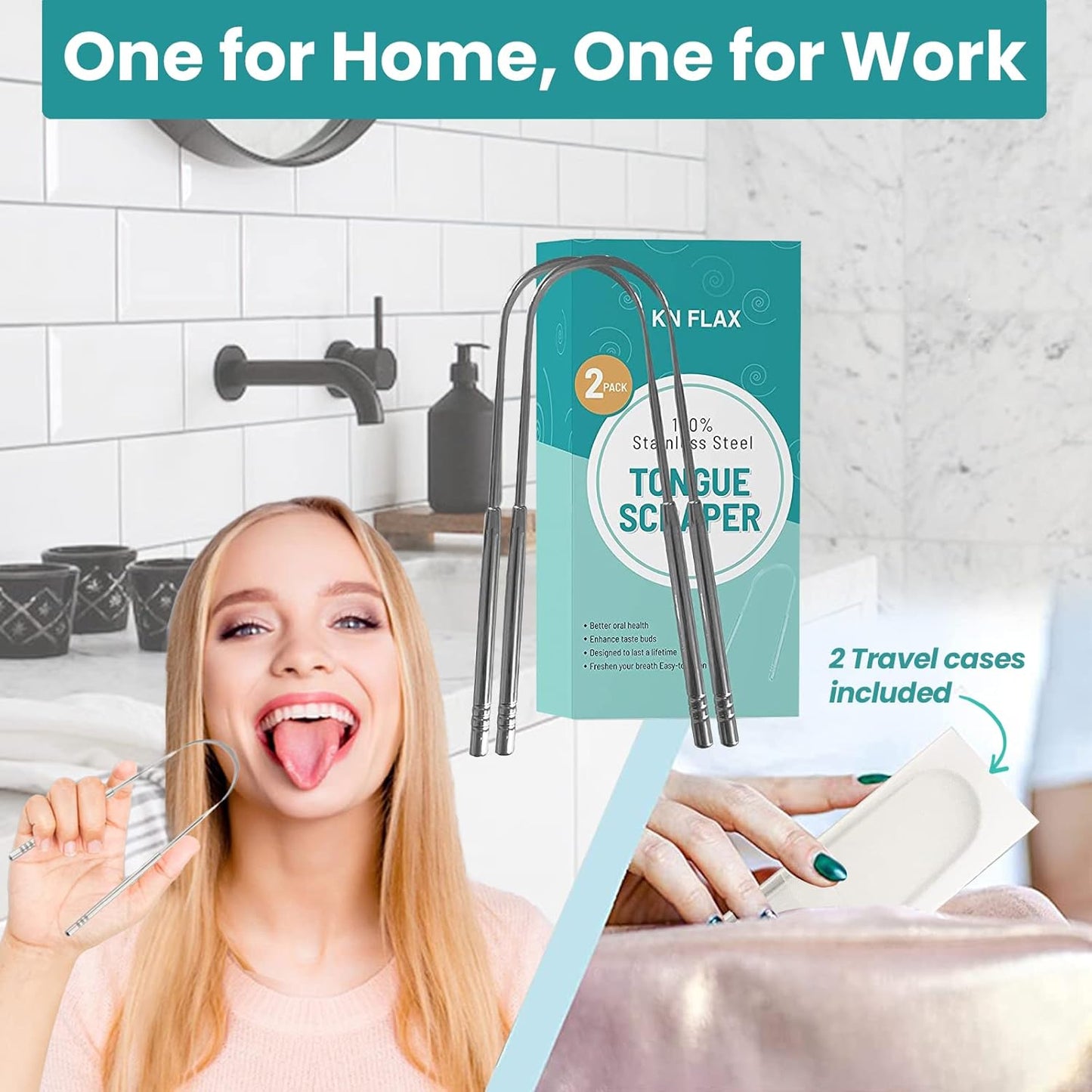 [2 pack] KN FLAX Tongue Scraper [Medical Grade] Reduce Bad Breath Maintains Oral Care 100% BPA Free Metal Tongue Scraper, Tongue Cleaner for Adults and Kids, Easy to Use with Non-Synthetic Handle