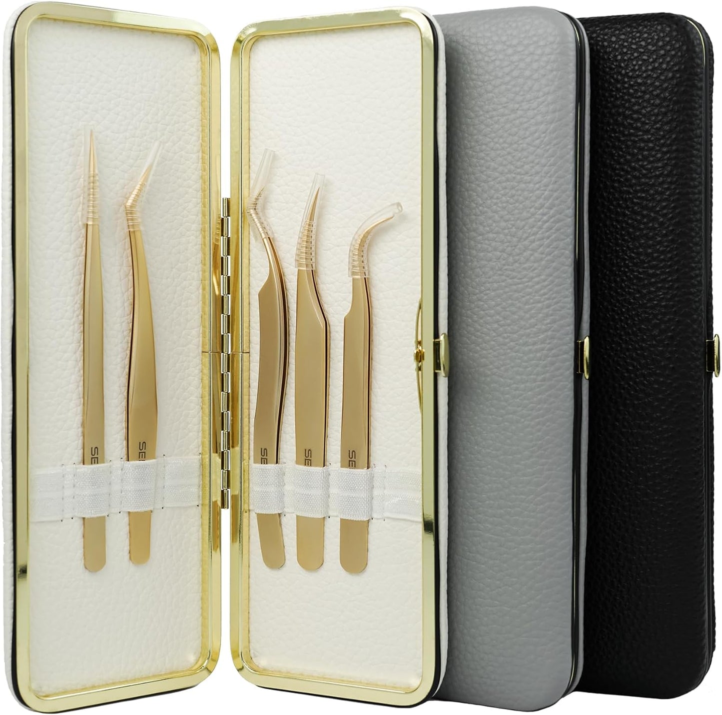 Tweezers Box Set, 5 PCS Isolation Pointy Precision Professional Stainless Tweezers with a PU Storage Case, Organizer Kit for Eyelash Extension, Beginner Lash Tech, Crafts Repair(White, Golden)
