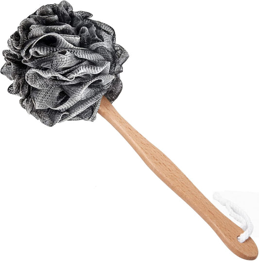 Shower Sponge Loofah Back Scrubber, Soft Mesh Body Scrubber with Wooden Handle, Bath Sponge for Women Kids (Black)