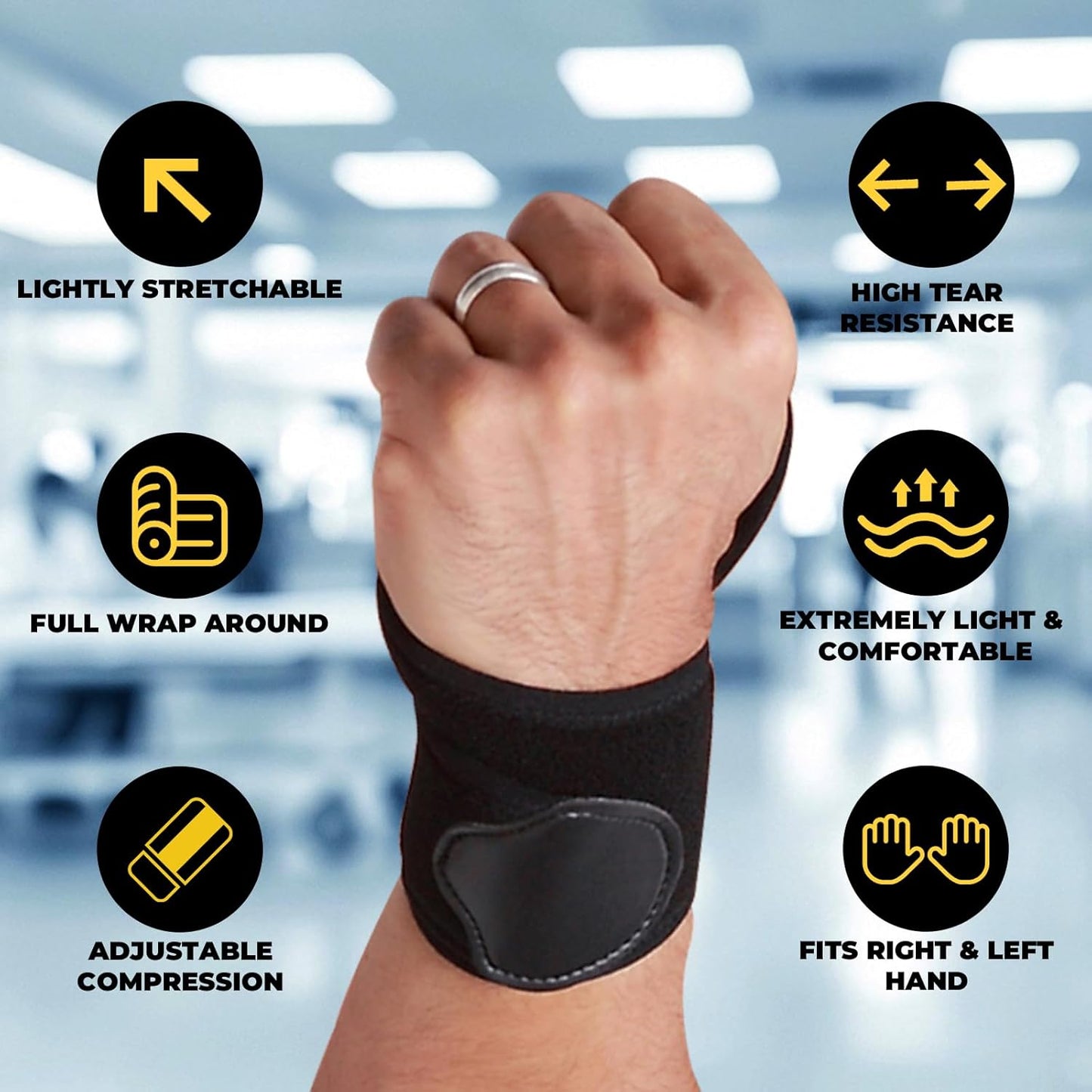 NeoTech Care Wrist Band - Elastic & Breathable Fabric - Adjustable Compression Strap - Men, Women, Right or Left - Support Wrap for Protection or Sports (Black Color, Size L, 1 Unit)