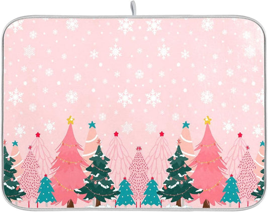 Christmas Tree Pink Dish Drying Mat for Kitchen Countertop 16x18 Winter Snowflake White Xmas Small Drying Mat Reusable Quick Dry Dish Sink Mats Easy Clean Decorative Essentials