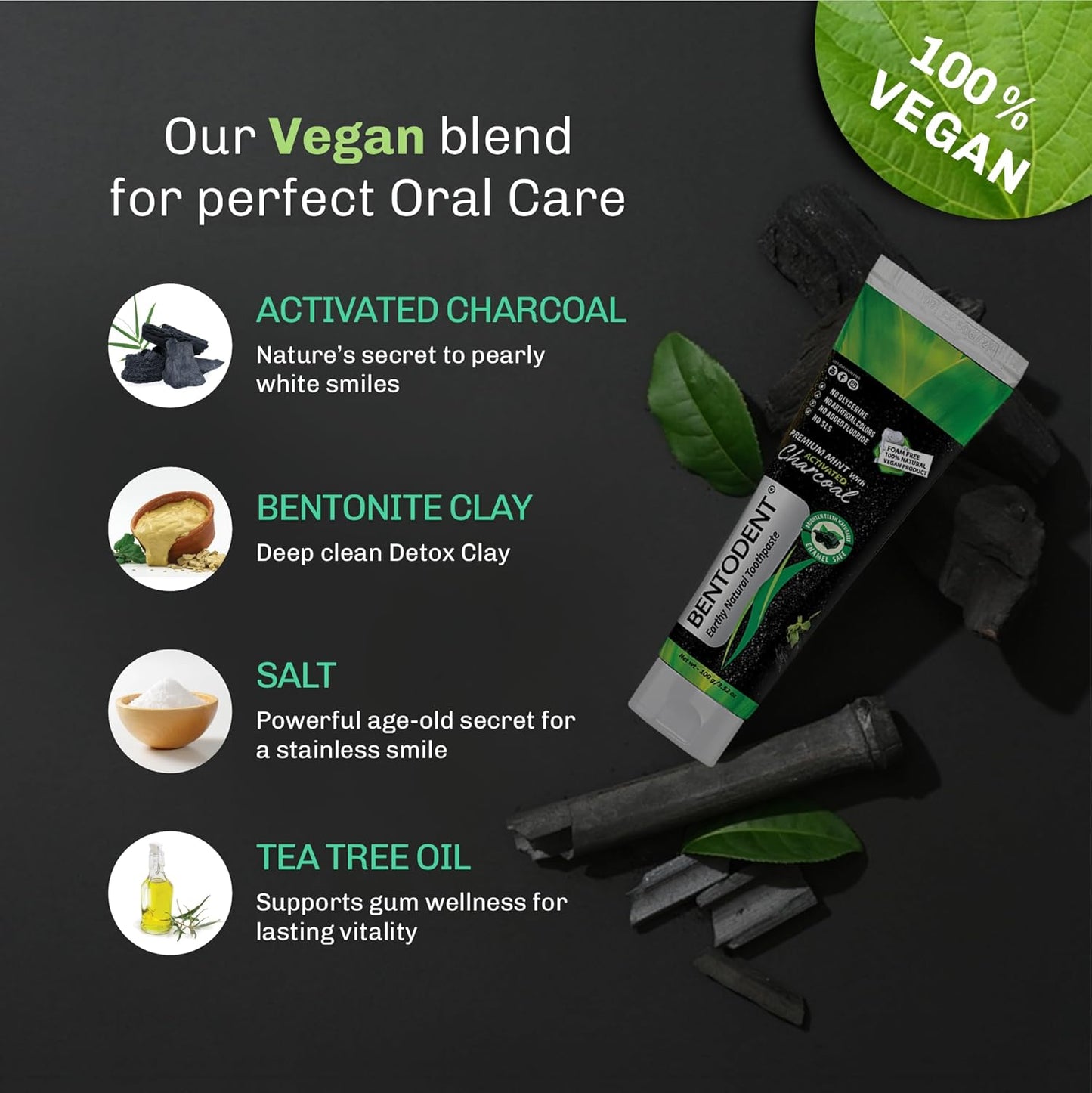 BENTODENT Fluoride Free Organic Charcoal Toothpaste with Bentonite Clay for Teeth Whitening- Natural Sensitive Teeth Whitening Toothpaste, Vegan, Travel