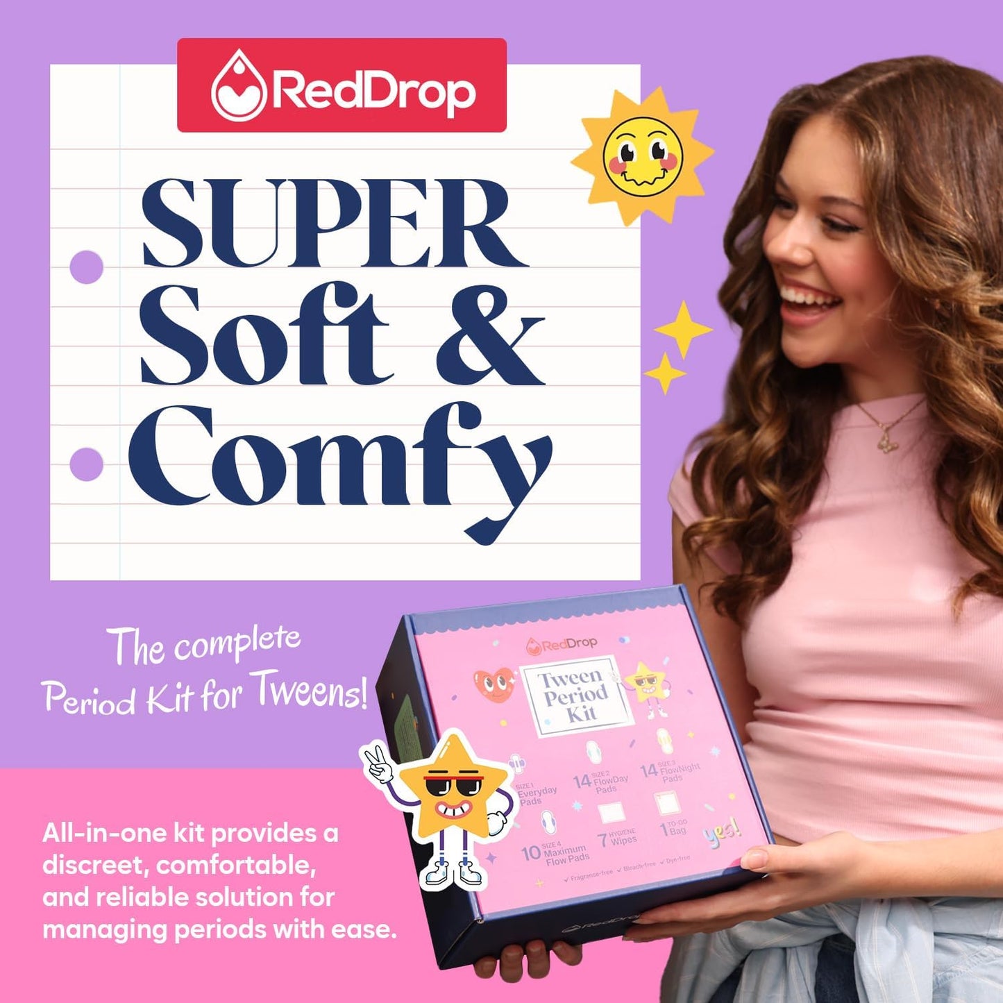 RedDrop Tween Period Kit |76 Pieces First Period Kit for Girls 9-12 | Contains 30 Everyday, 14 FlowDay, 14 FlowNight and 10 Maximum Pads with Wings, 7 Feminine Wipes, Pouch and More