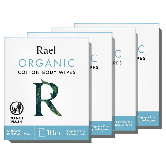Rael Organic Cotton Wipes - Body Cloth, Individually Wrapped, All Skin Types, Vegan, Cruelty-Free, Unscented (10 Count, Pack of 4)
