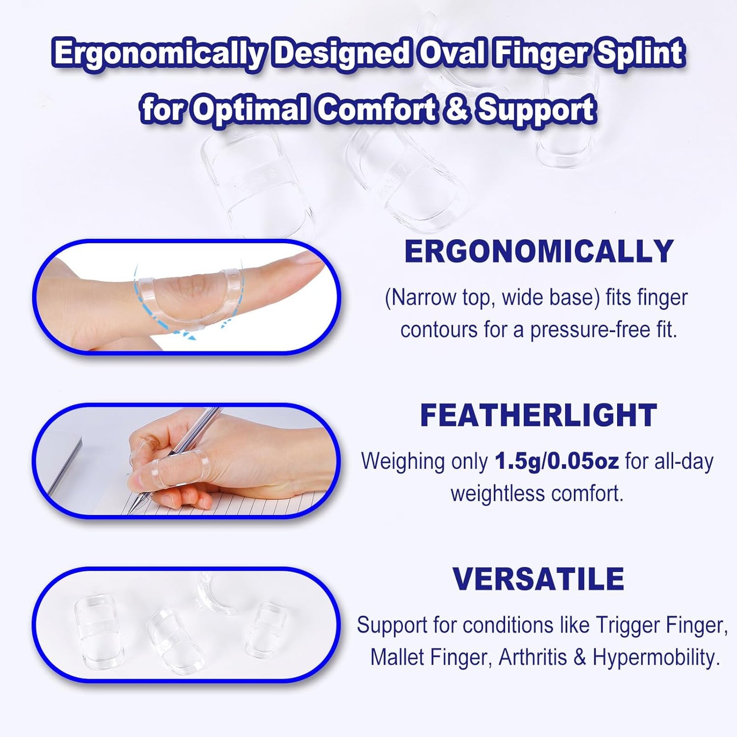 8Pcs Clear Oval Finger Splints & Click-Lock Adjustment Kit, 4 Graduated Finger Ring Splint & 4 Splint Adjustment, Finger Braces for Arthritis, Mallet, Straightening, Support (Size 8-11)