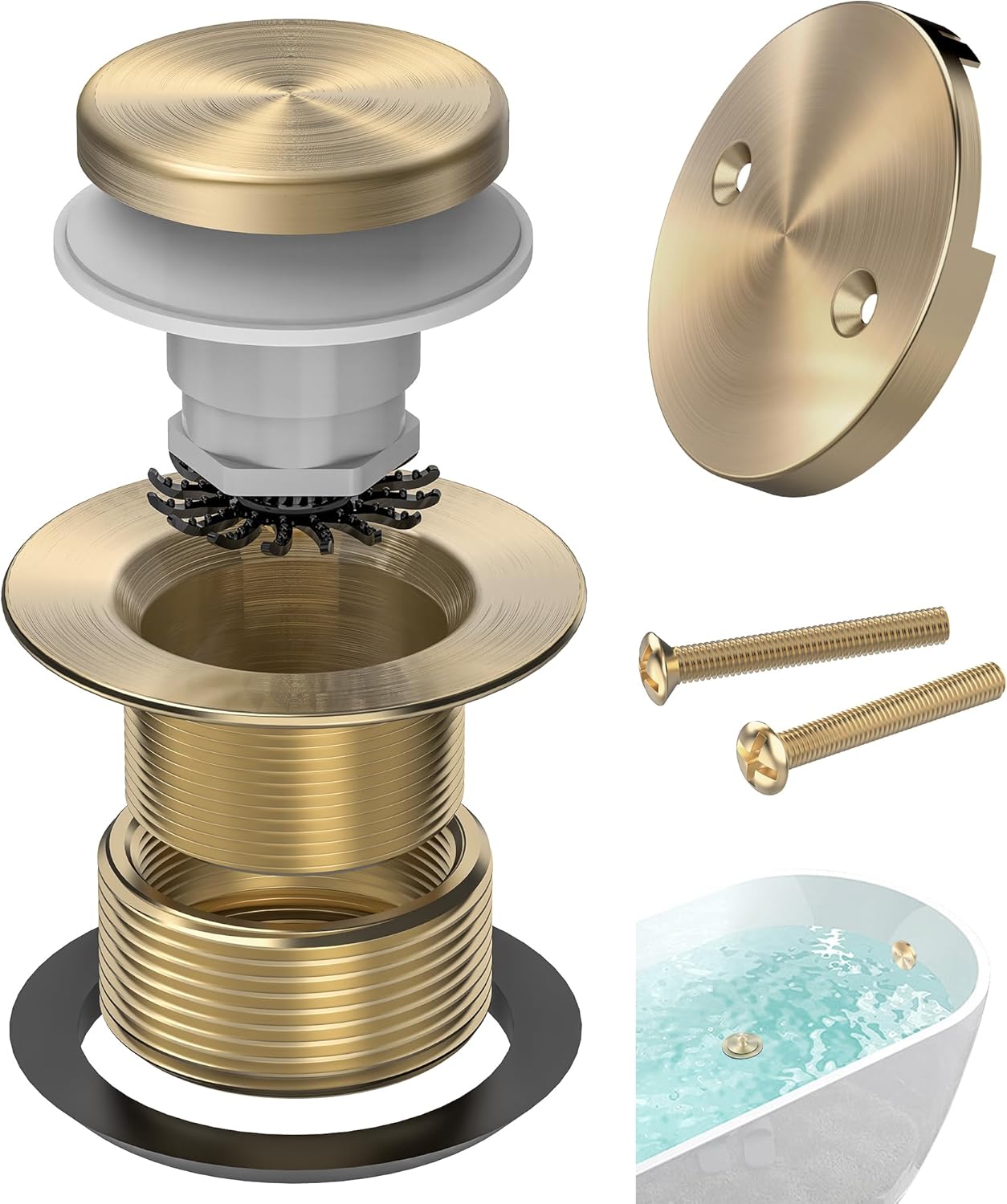 Brushed Gold Tub Drain Kit with Hair Catcher, Premium Brass Tip-Toe Bathroom Tub Drain Replacement and 2-Hole Overflow Faceplate, 11.5/16 UNC Bathtub Drain Stopper Assembly
