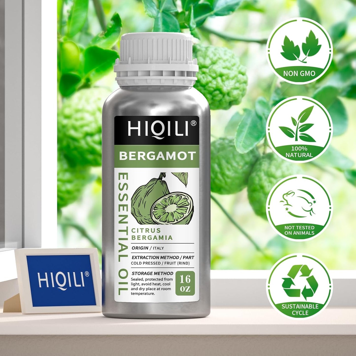 HIQILI Bergamot Essential Oil for Diffuser, Skin, Hair, DIY, 100% Pure & Natural - 16 Fl Oz (500 mL)