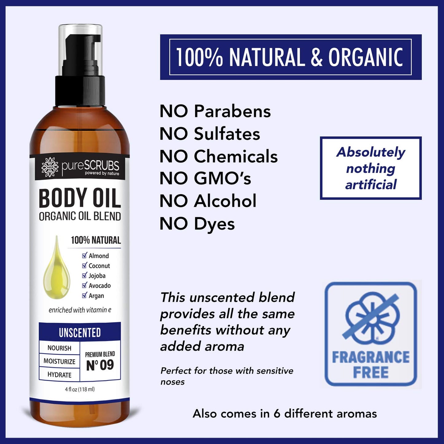 pureSCRUBS Ultra Moisturizing Unscented Body Oil Spray for Dry Skin, Massage, Stretch Marks, Organic Super Blend of Jojoba, Argan, Coconut, Sweet Almond & Avocado Oils Enriched with Vitamin E, Lg 4oz