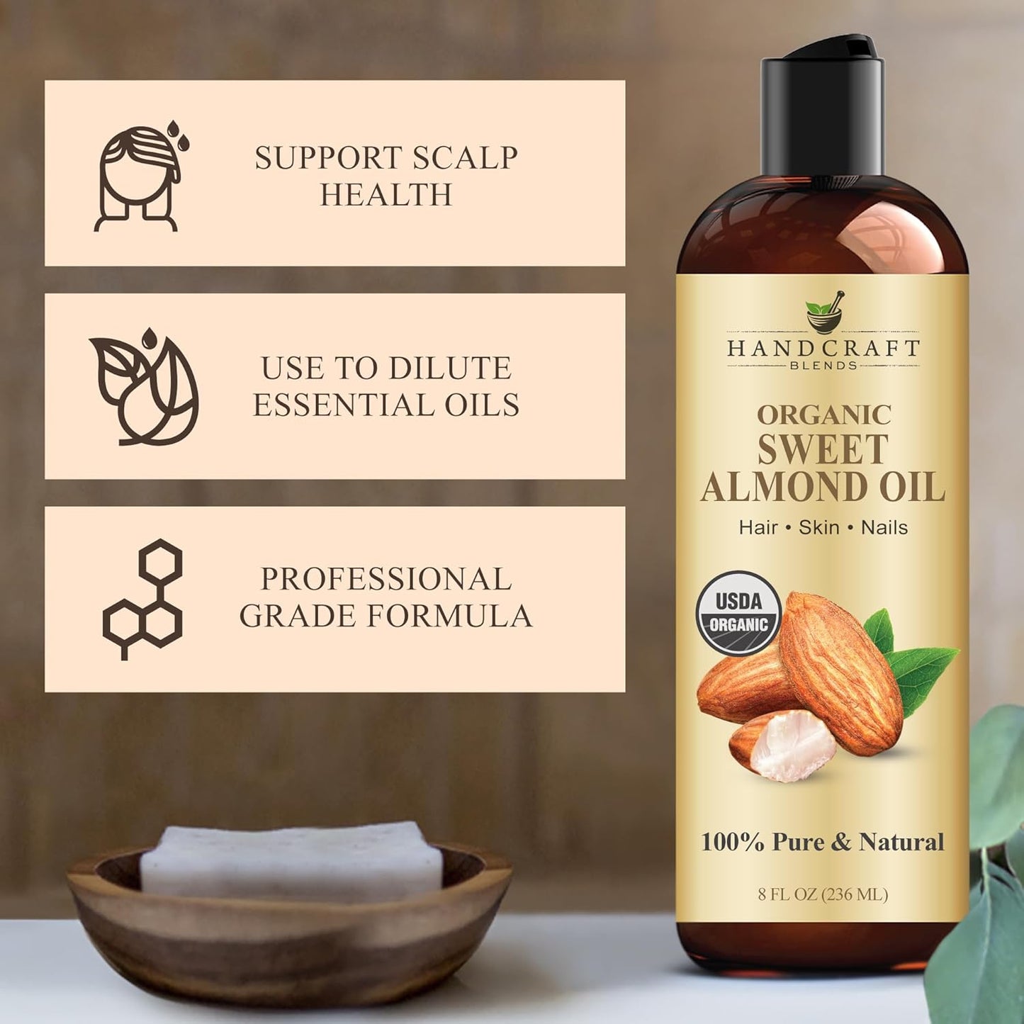 Handcraft Blends Organic Almond Oil - 8 Fl Oz - 100% Pure and Natural - Premium Grade Oil for Skin and Hair - Carrier Oil - Hair and Body Oil - Massage Oil - Hexane-Free