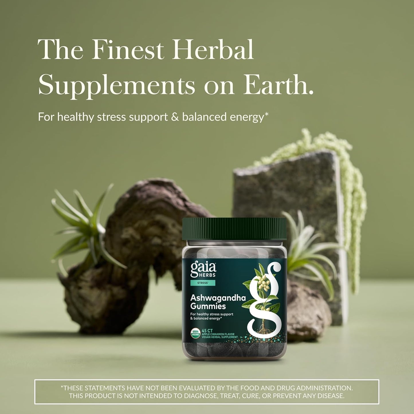 Gaia Herbs Organic Ashwagandha Gummies, Stress Support, Cinnamon, Ginger, Gluten Free, Vegan, 45 Count