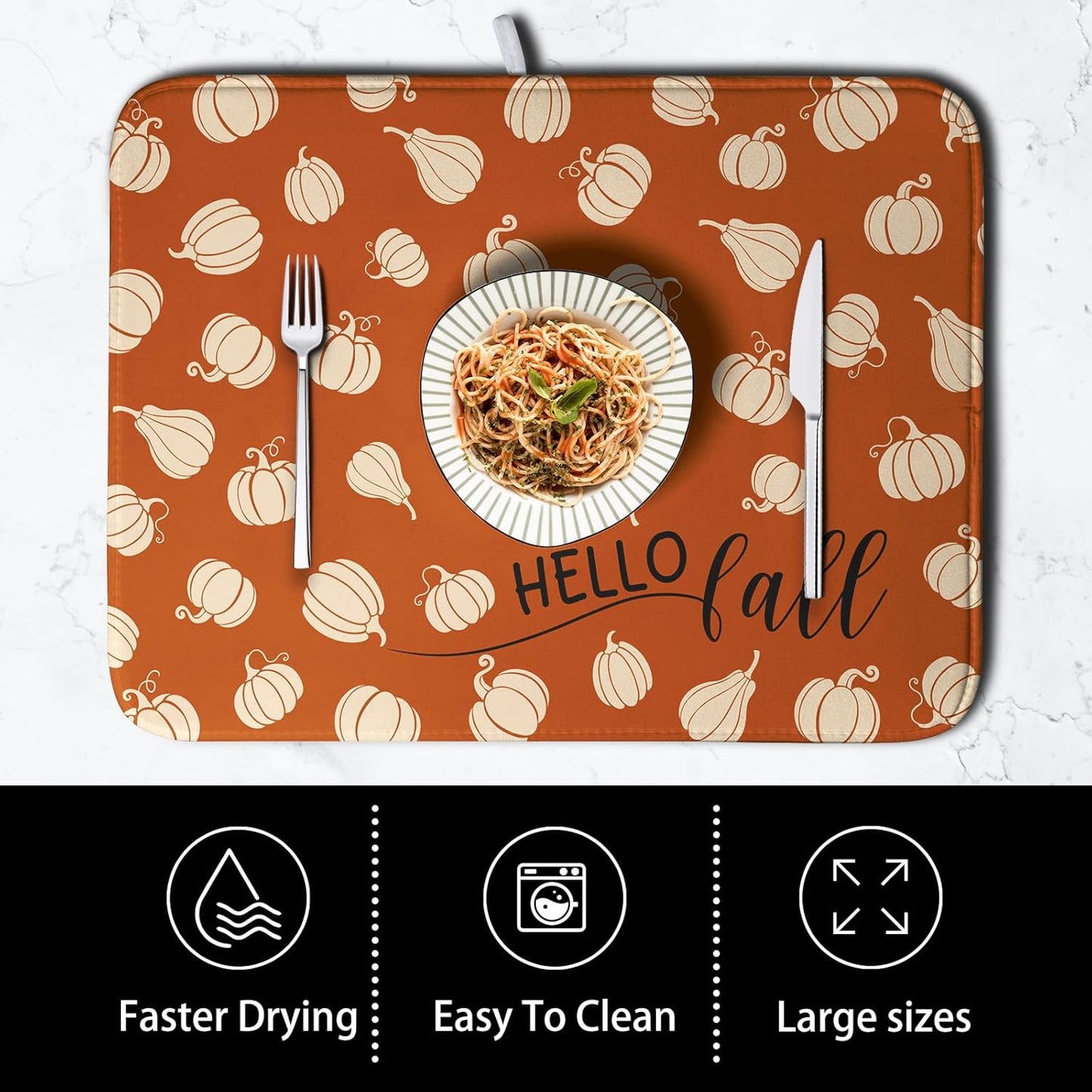 Hello Fall Drying Mat for Kitchen Counter Autumn Orange Pumpkin Dry Dish Mat Thanksgiving Absorbent Microfiber Dish Draining Washable Dish Drainer Rack Mat 16x18 Inch