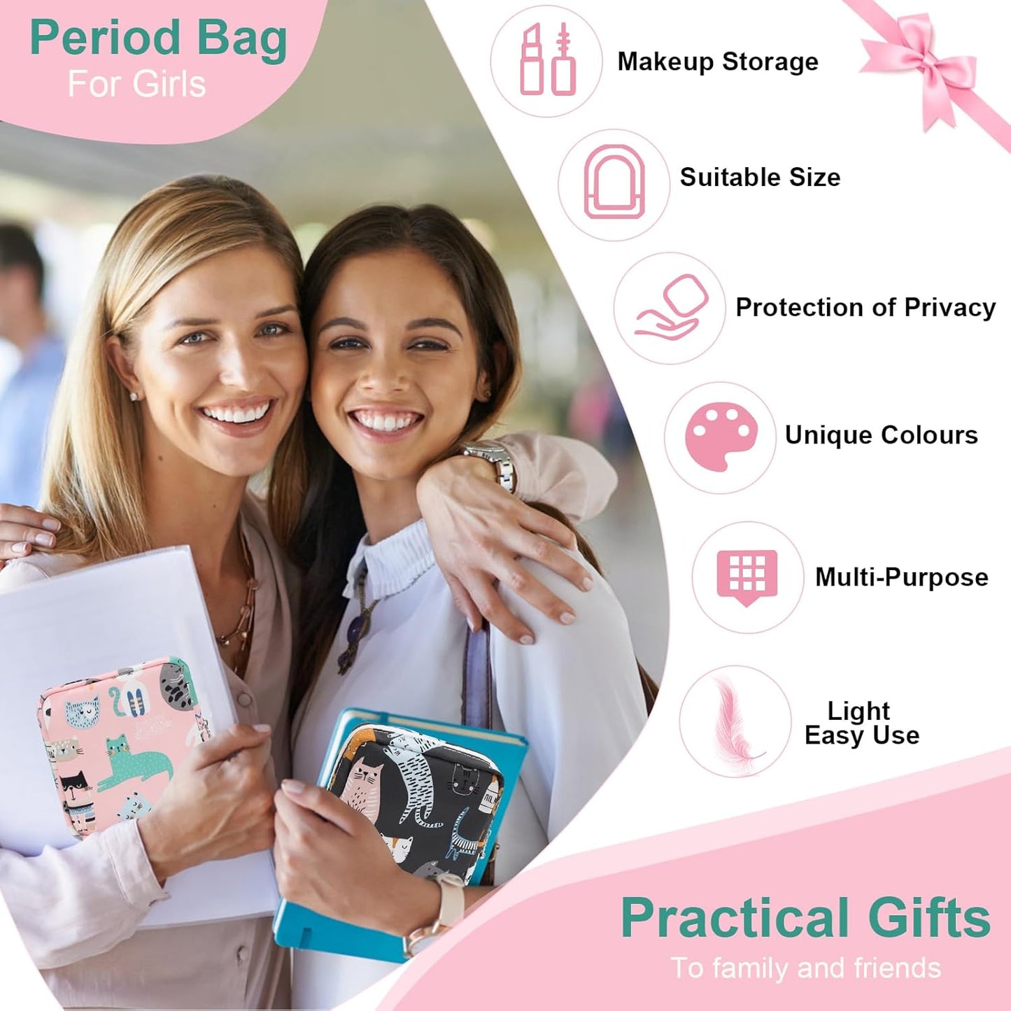 Desing Wish Sanitary Pad Storage Bag Portable Period Bag for Teen Pads/Sanitary Napkins/Small Tampons, Sanitary Napkin Storage Bag First Period Gifts for Teen Girls (Purple Bowknot Cat)