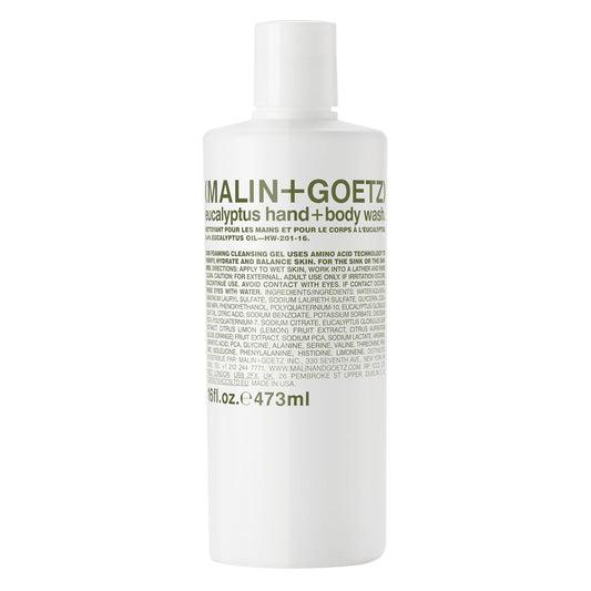 Malin + Goetz Eucalyptus Hand + Body Wash natural cleansing, purifying, hydrating hand & body wash. all skin types, dry, irritated, sensitive. No stripping/irritation. Cruelty-free & vegan 16 Fl oz