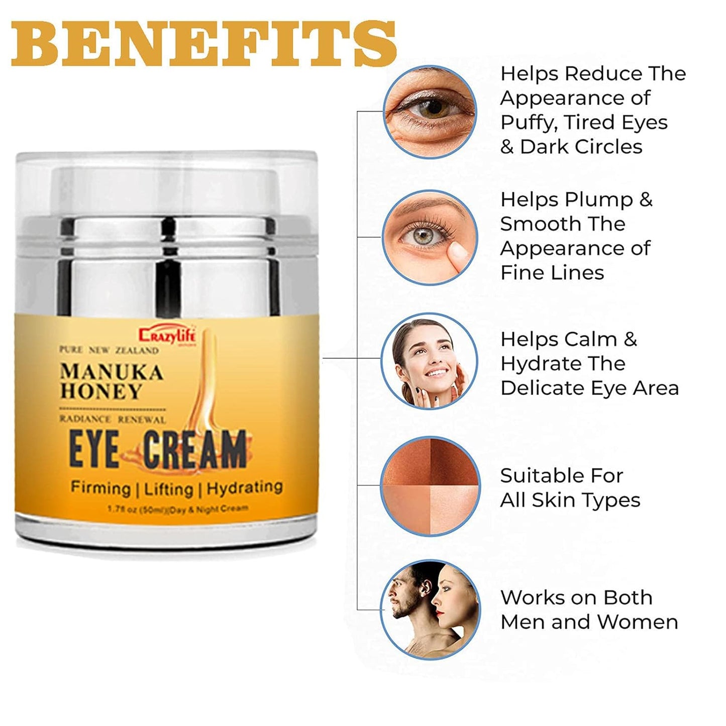 Manuka Honey Eye Cream for Dark Circles and Puffiness, Under Eye Cream, Anti Aging Eye Cream, Improve the look of Fine Lines and Wrinkles, Retinol and Aloe Vera Natural Relief
