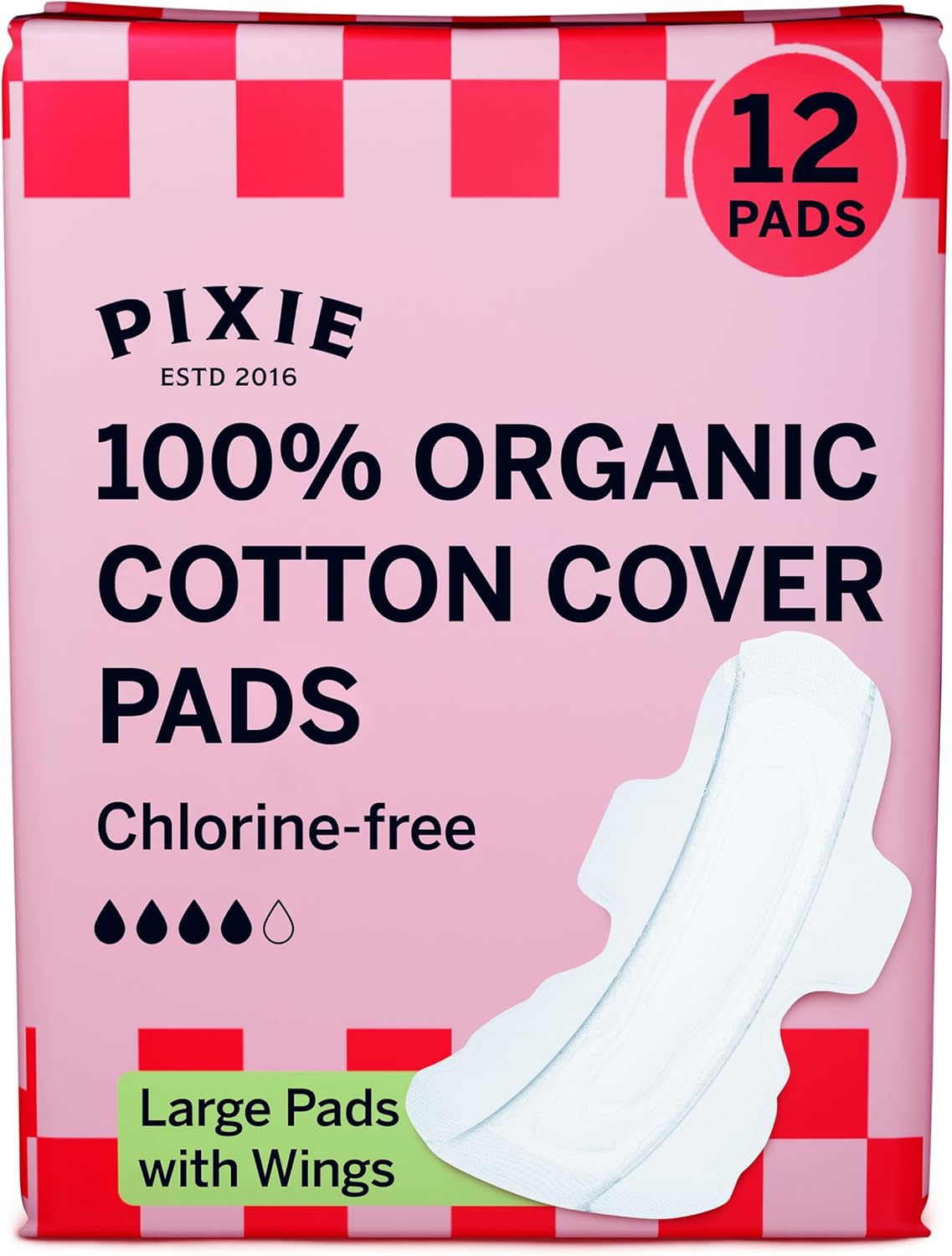 Pixie Organic Cotton Large Pads for Women - Maximum Protection When You Need It - Extra Heavy Absorbency with Wings - Leak-Proof, Hypoallergenic & Unscented - Compostable, Biodegradable - 12 Count