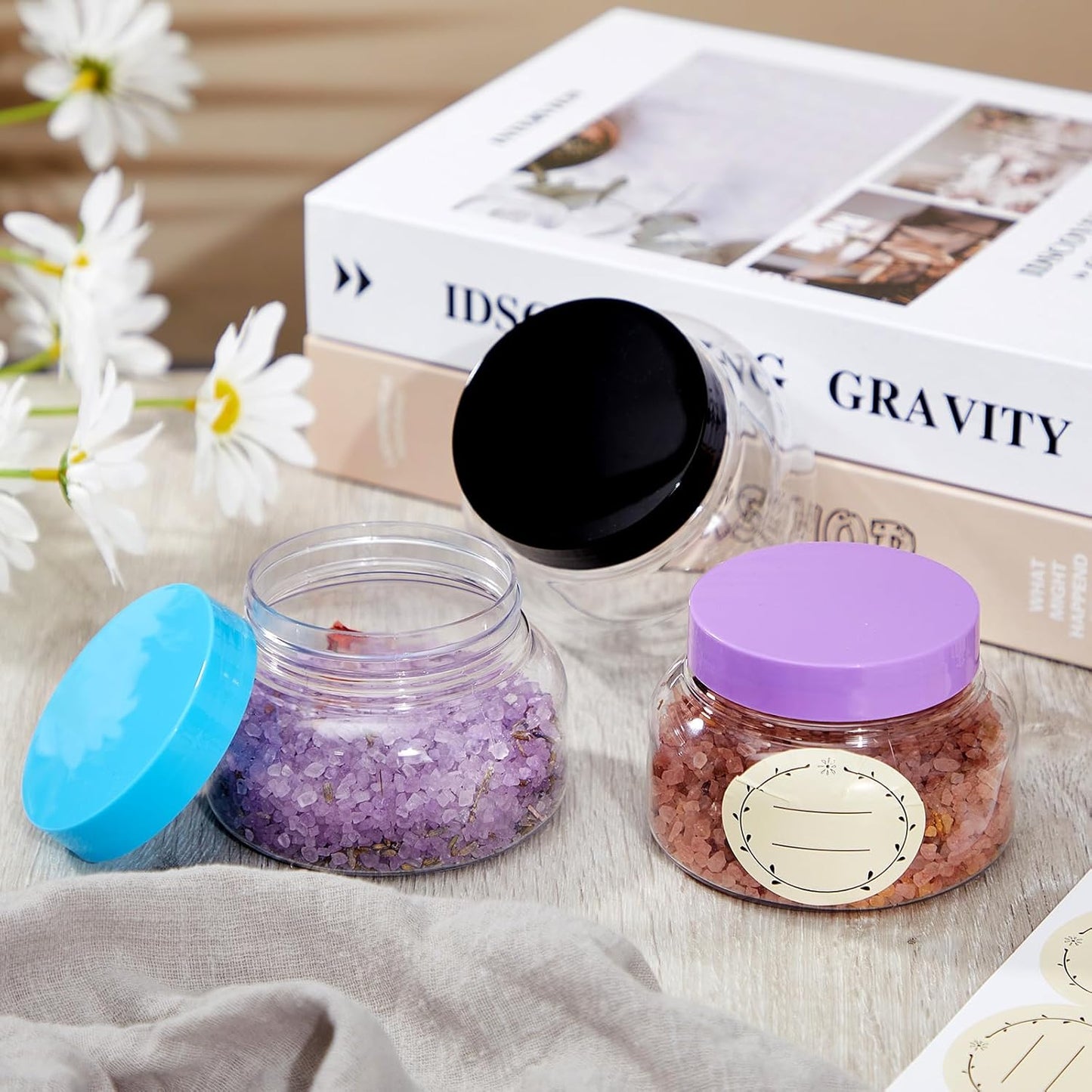 Tessco 24 Pack Plastic Jars with Lids Labels Empty Clear Plastic Jars Round Refillable Cosmetic Containers Body Butter Containers Bulk Sugar Scrub Bottle for Make Up(8 oz,Multicolor)