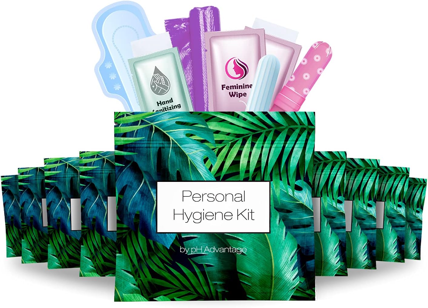 Menstrual Kit All-in-One 10 Pack | Convenience on The Go | Period Kit Pack for Travelling, Tweens & Teenager | Individually Wrapped Feminine Hygiene Product (Green Ferns)