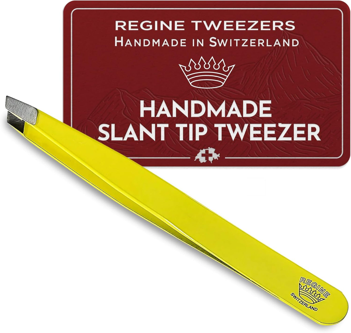 Slant Tweezer - Handmade in Switzerland - Professional Eyebrow & Facial Hair Remover - Etched Interior Grabs Hair from The Root - Perfectly Aligned Tips - Stainless Steel, Yellow
