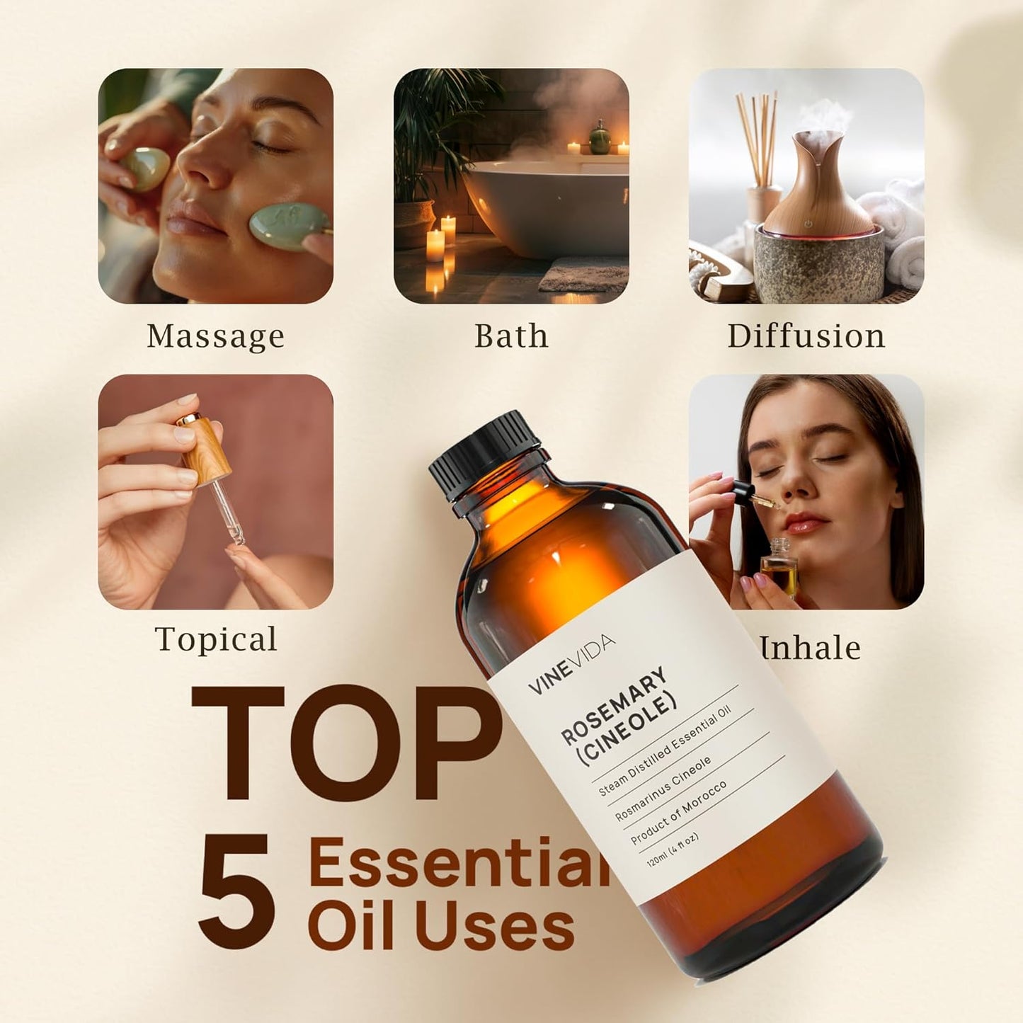 VINEVIDA Rosemary Essential Oil - Undiluted Rosemary Oil - Rosemary Candle Oil Scent - DIY Candle Scents for Candlemaking - Bulk Essential Oil for Soap Making Safe for Skin, 4.0 Fl Oz