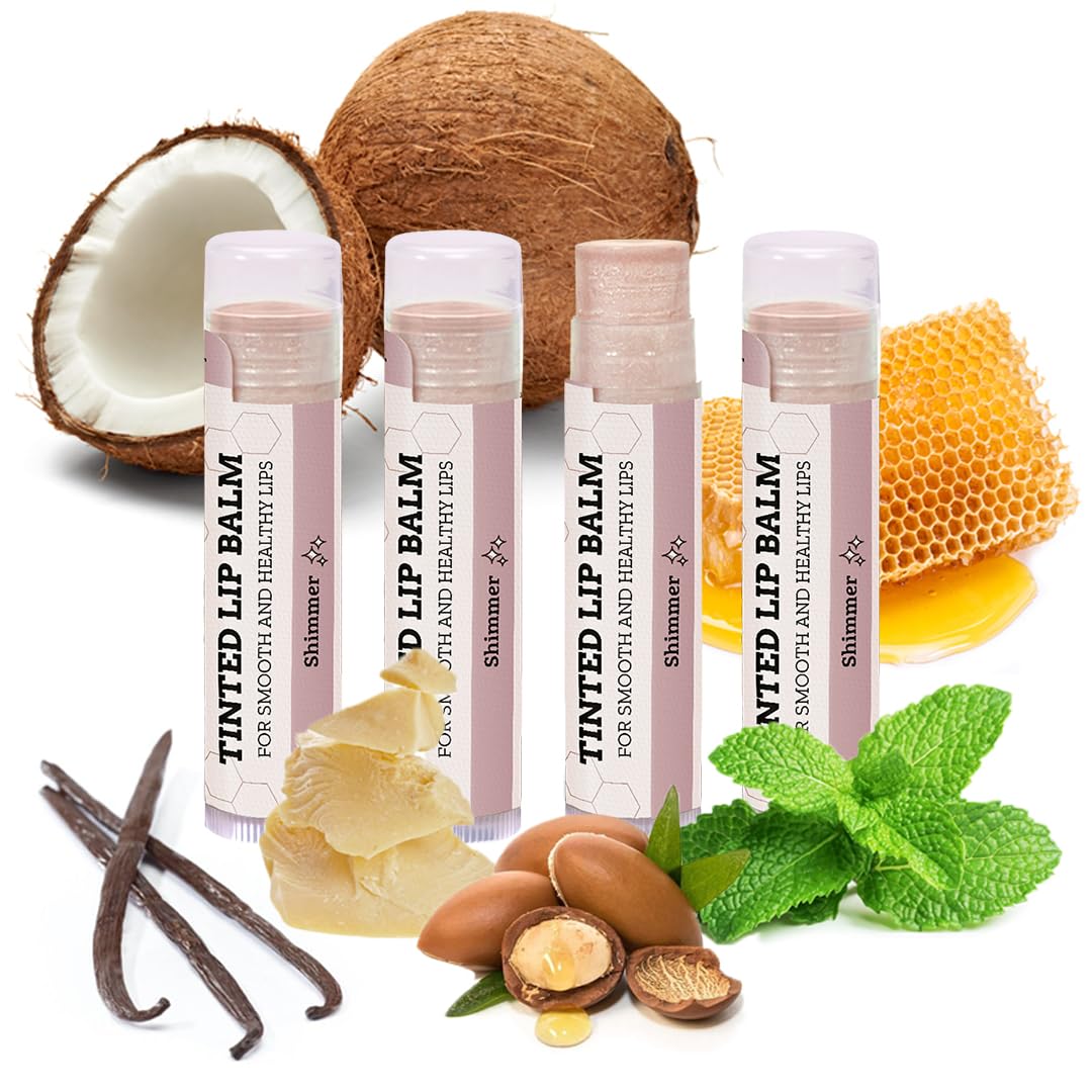 Earth's Daughter Tinted Lip Balm Shimmer 4 Pack, Beeswax, Coconut Oil, Cocoa Butter, Vitamin E, Moisturize and Beautify, Paraben Free