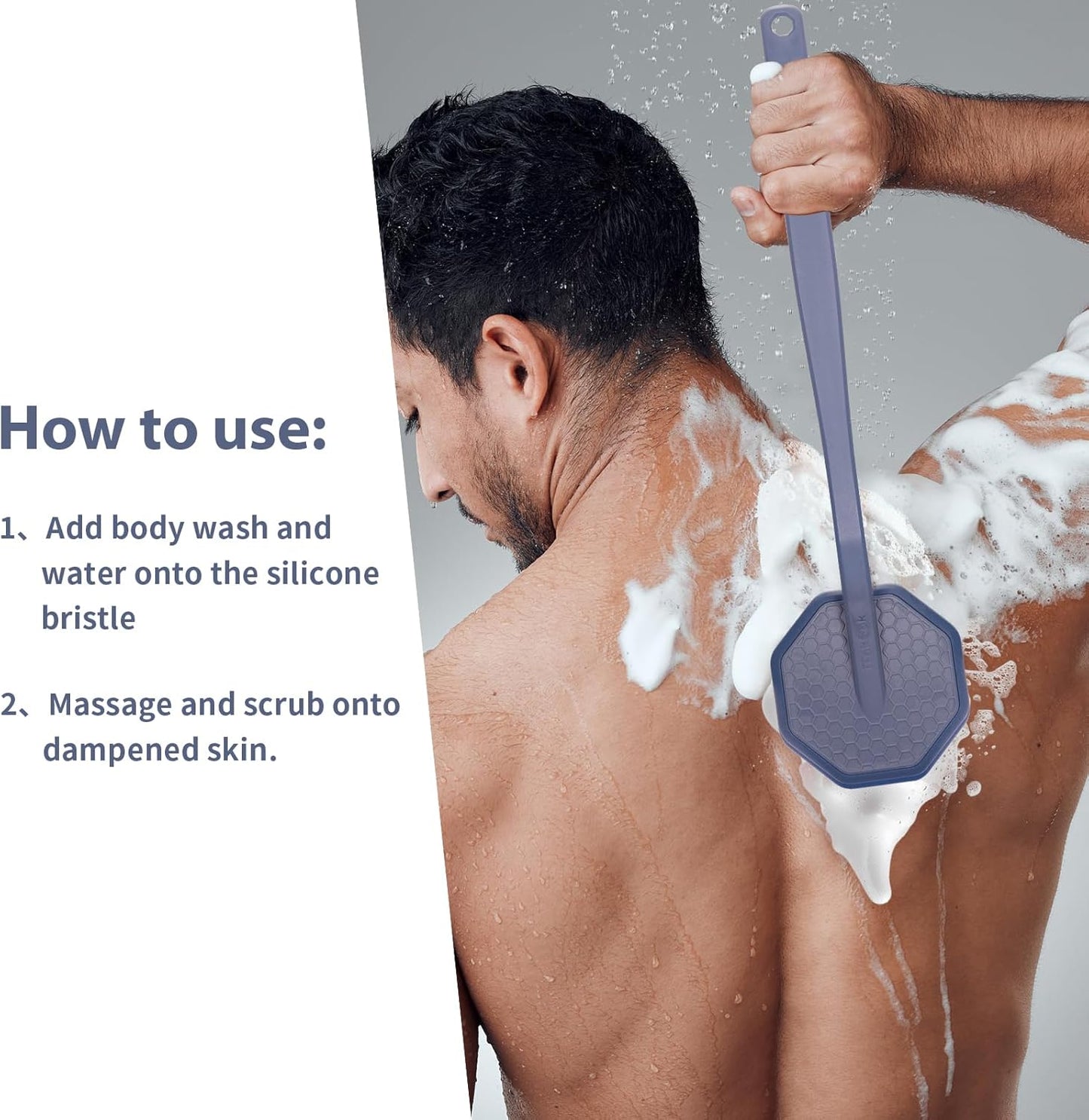 iTokGoK® Silver-Infused Silicone Back Scrubber with Long Handle Back Brush for Shower,Back Brush Long Handle for Men and Women,Ergonomic No-Slip Handle, Long-Lasting (Lavender)