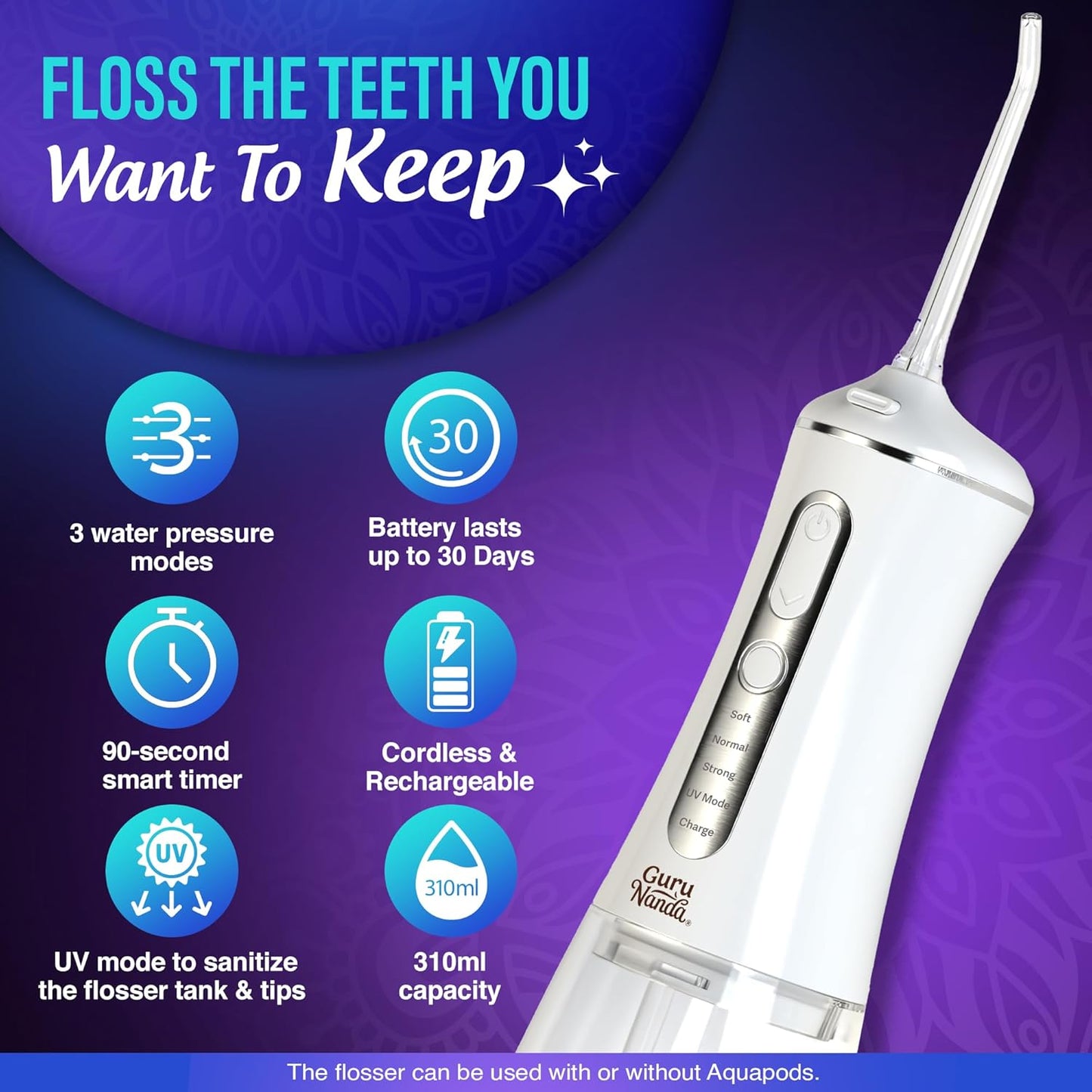 GuruNanda Advanced Dental Water Flosser 3.0 with UV Mode Water Flosser & 24 Aquapods with Mouthwash for Fresh Breath & Plaque Removal, Compact & TSA-Approved