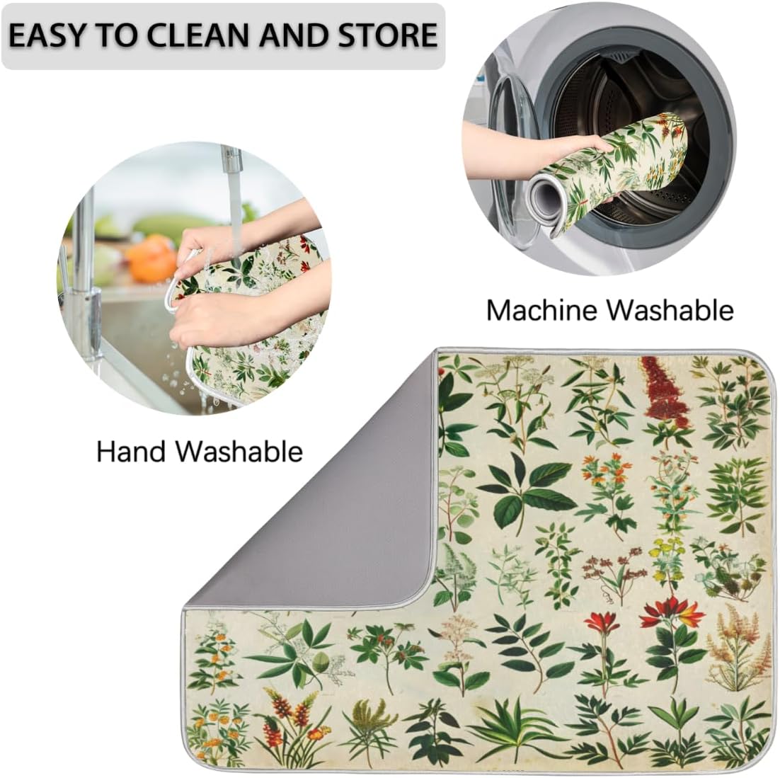 Hexteria Dish Drying Mat For Kitchen Counter Absorbent Dish Mat Microfiber Drainer Drying Kitchen Mat 18x24 In Quich Dry Mat, Botanical Garden