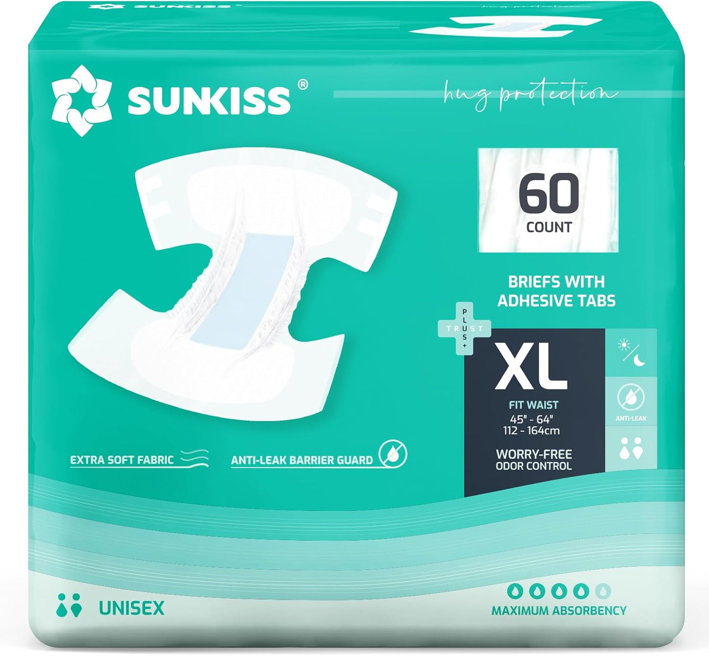 SUNKISS TrustPlus Adult Diapers with Maximum Absorbency, Unisex Disposable Incontinence Briefs with Tabs for Men and Women, Odor Control, XLarge, 60 Count (4 Packs of 15)
