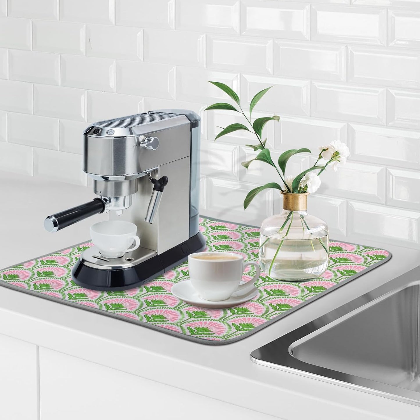 SHIYUE Dish Drying Mat for Kitchen Counter Super Absorbent Spring Kitchen Decor Microfiber Drying Matainers Rack Fast Pad Dish Drainer Mats(Bohe Flower,16''x18'')