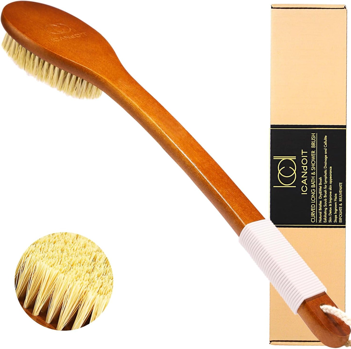 ICANdOIT-17.71Inch Natural Stiff Sisal Bristles Anti-Slip Curved Long Handle Bath Brush,Bent Handle Shower Scrubber for Exfoliating,Shower Back Brush