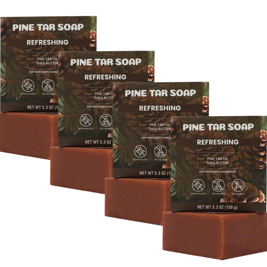Rinse & Robust Mens Pine Tar Soap Bar Set, 4 Pack Natural Handmade Cleansing Bar Soap for Men, Exfoliating & Moisturizing Bath Soap with Pine Tar & Shea Butter | 5.3 oz of 4 Bars