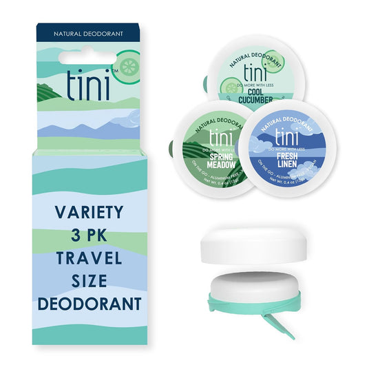 Tini Naturals Mini Deodorant Travel Size Trio Variety Pack, Aluminum Free Shea Butter & Coconut Oil Deodorant, Fresh Linen, Cool Cucumber and Spring Meadow Scents, 0.4 oz each (3 Pack)