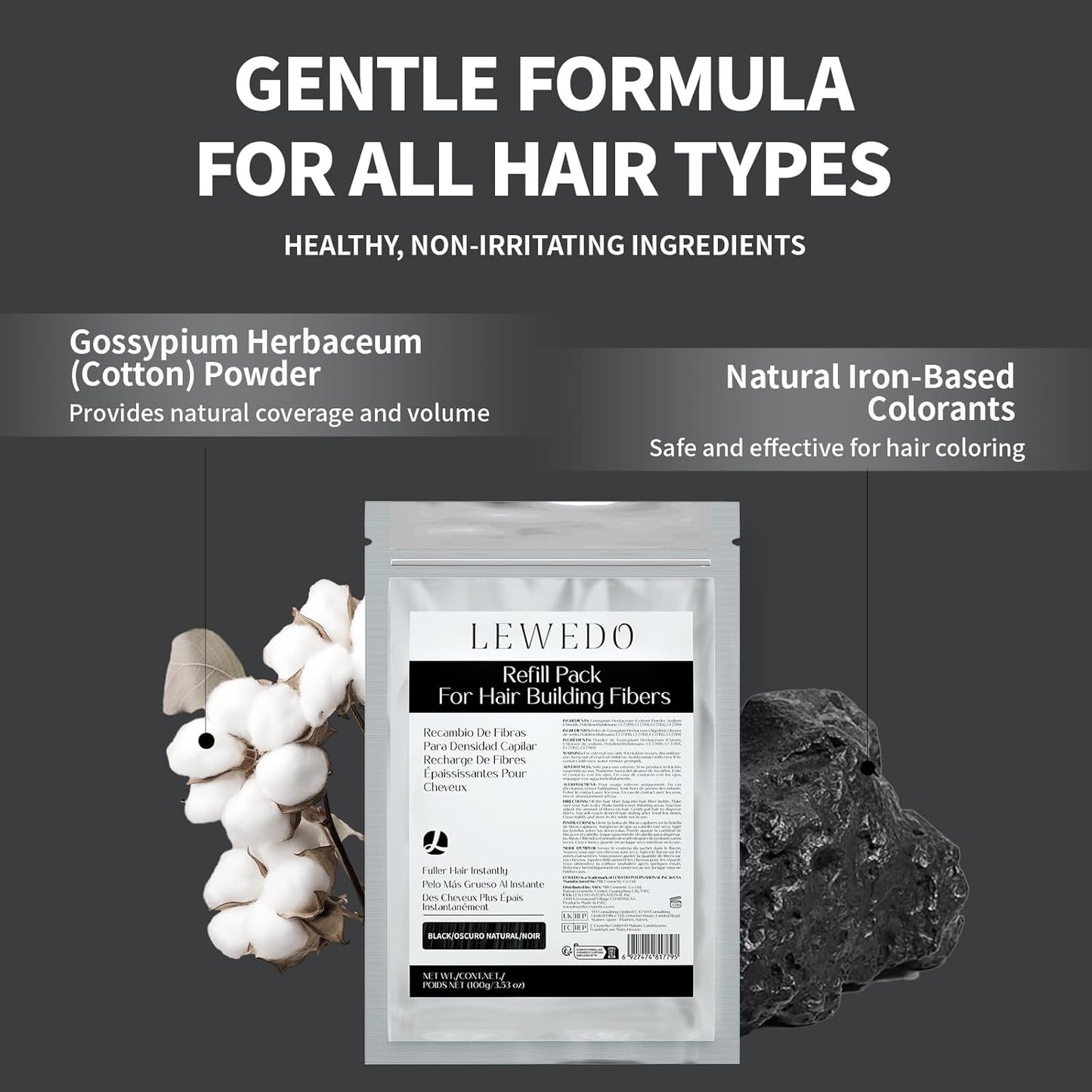 Hair Building Fibers Refill Pack - 100g Instant Thickening Fibers for Men & Women, Natural Cotton Powder, Wind/Rain Resistant, For All Hair Fiber Applicator Bottles (Black)