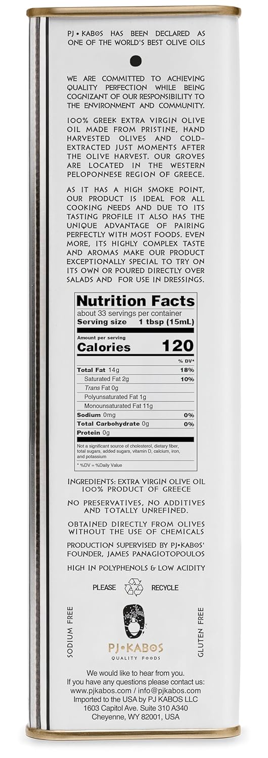 P.J. KABOS 2024/25 Harvest, High Phenolic (450+mg/kg), Premium Greek Extra Virgin Olive Oil, Kosher, Greece, Cold Extracted, 16.9 oz Tin, Koroneiki, "Family Reserve - Medium"