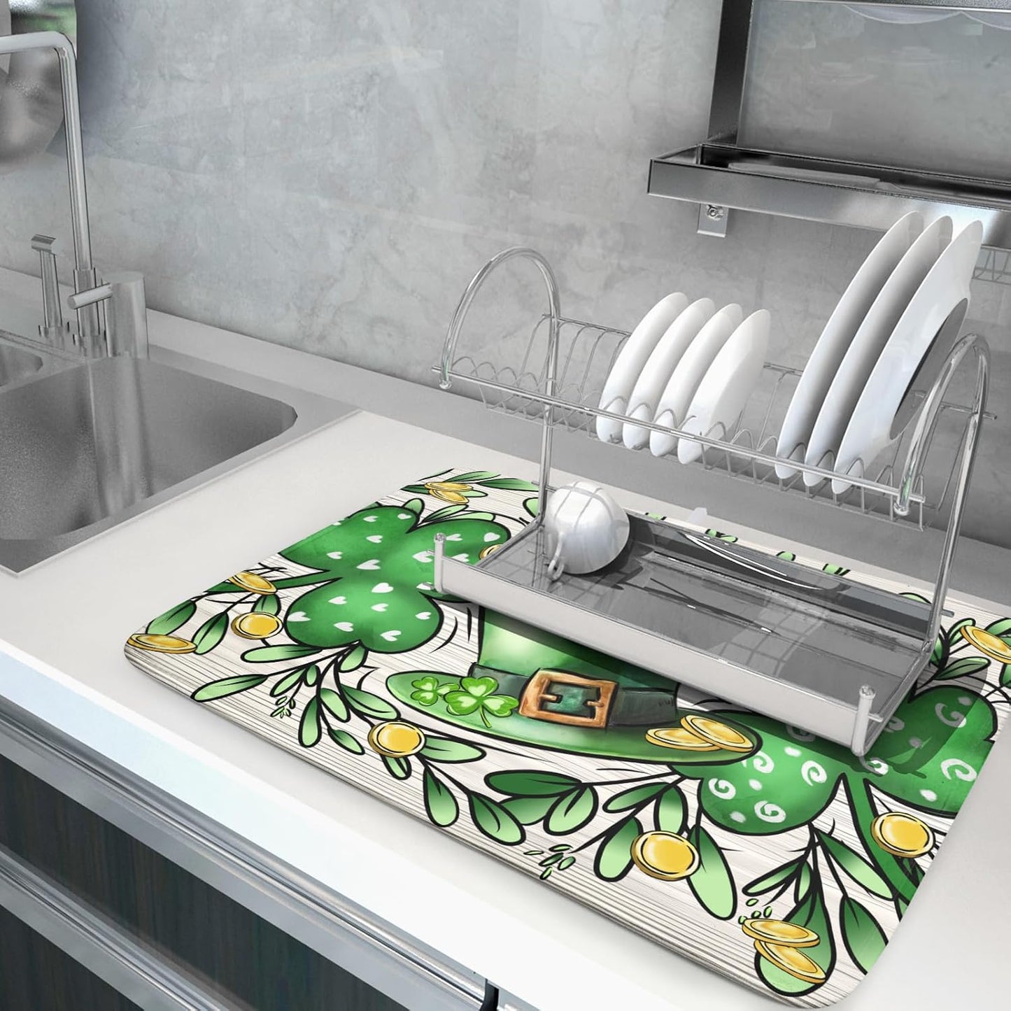 St Patrick's Day Shamrock Dish Drying Mat 18x24 inch Eucalyptus Leaves Dishes Pad Dish Drainer Mats Absorbent Fast Dry Kitchen Accessories