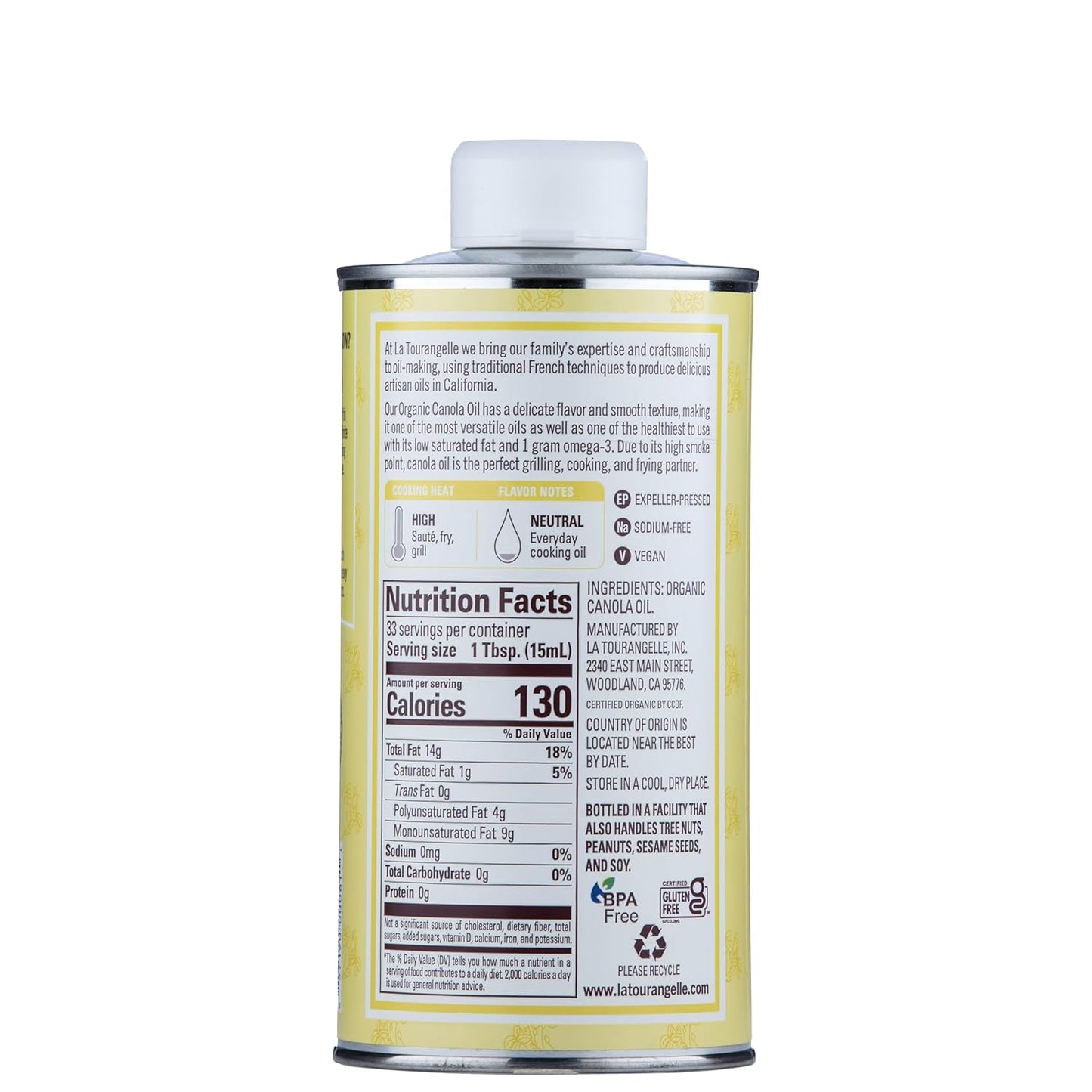 La Tourangelle, Organic Canola Oil, Expeller-Pressed Non-GMO Canola Seeds, Pesticide and Chemical Free, High Heat Neutral Cooking Oil, 16.9 Fl Oz
