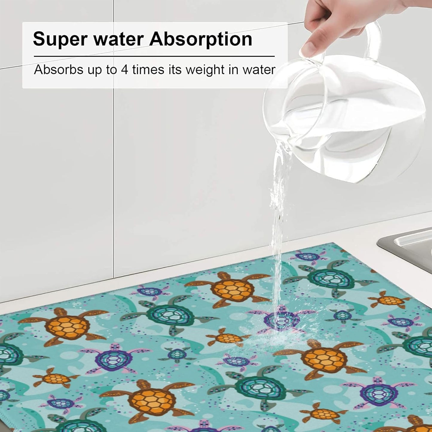 Cute Sea Turtle Beach Kitchen Drying Mat Ocean Themed Decorative Microfiber Dish Drainer Mat for Kitchen Counter Absorbent Reusable Washable 16x18 Inch