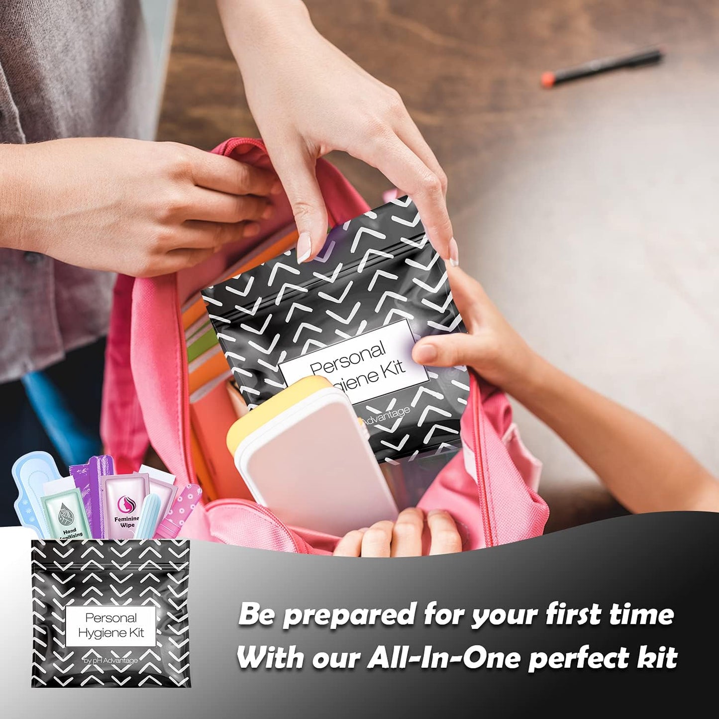 Menstrual Kit All-in-One 10 Pack | Convenience on The Go | Period Kit Pack for Travelling, Tweens & Teenager | Individually Wrapped Feminine Hygiene Product (Black Treads)