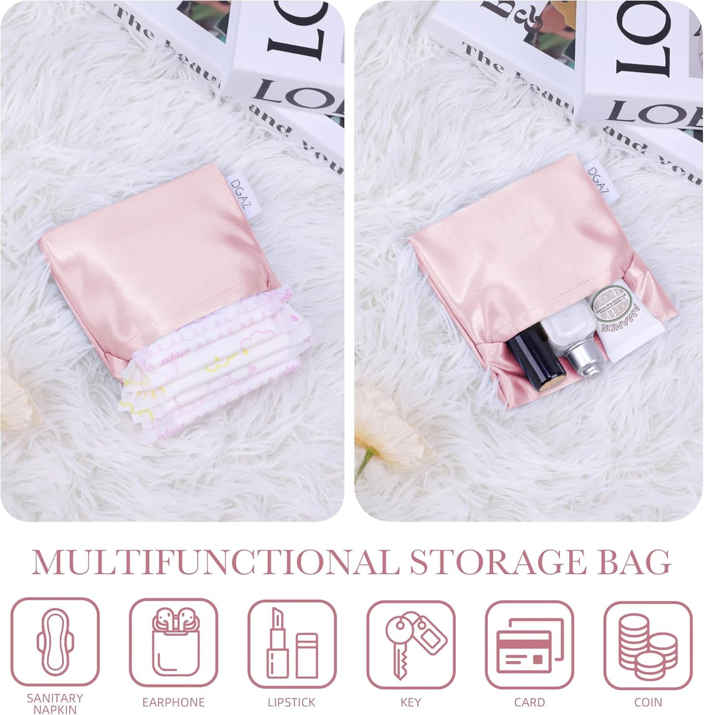 DGAZ Silk Sanitary Napkin Storage Bag, Period Bag for Teen Aged Girls, Portable Period Bag for Panty Liners/Menstrual Cup/Small Tampons，Mini Makeup Bag for Purse(Pink)