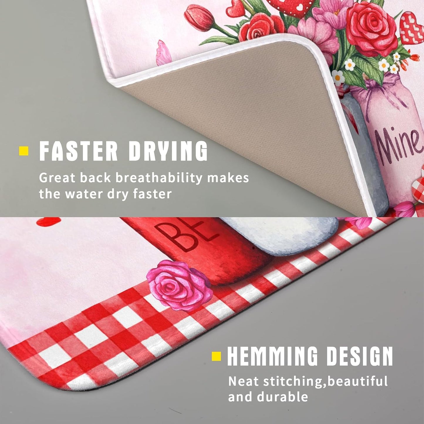Rose Vase Dish Drying Mat 16x18 inch Romantic Floral Washable Absorbent Dish Dry Pad Fast Dry Drainer Rack Mats Kitchen Counter Accessories