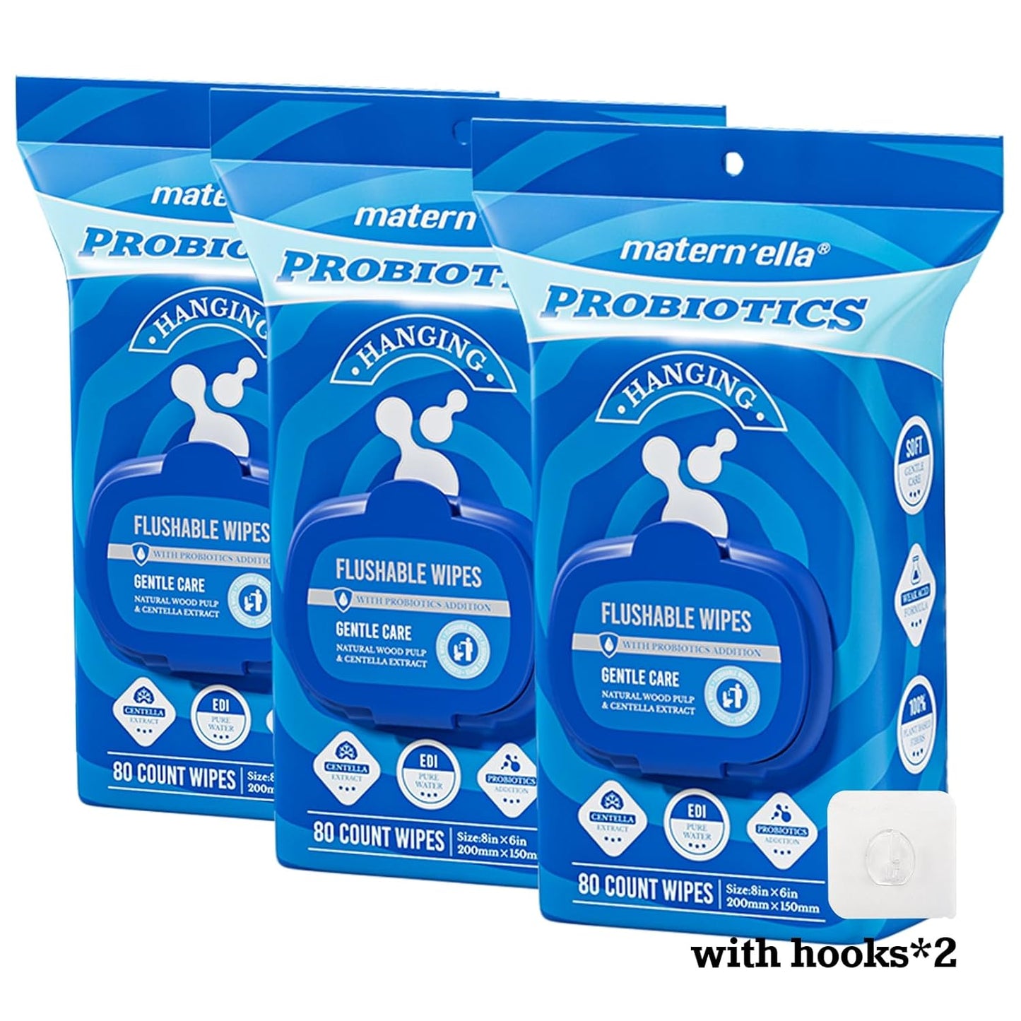 matern'ella Hanging Flushable Wipes Unscented Extra Large Corner-Connected Wet Wipes Adult Plant Based Fibers with Probiotics Alcohol Free Sewer Safe Butt Wipes Travel 3 Packs of 80 Wipes